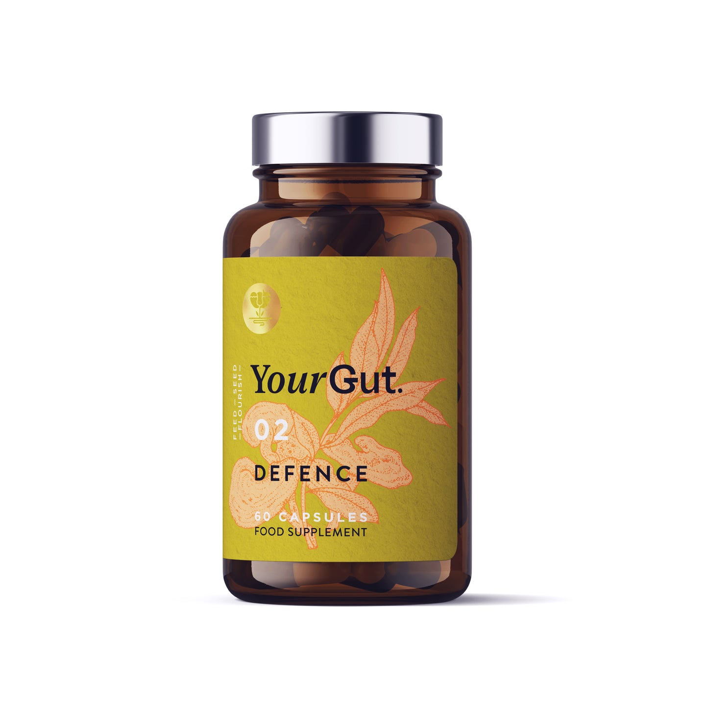 
                  
                    A brown glass bottle labeled "02 Defence" contains 60 synbiotic capsules.  Probiotics  specially selected for immune support, with an olive green label featuring reishi mushroom and olive leaf illustration, and is sealed with a silver cap.
                  
                